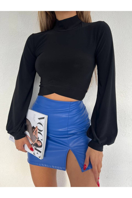 Kadın Yarım Balıkçı Yaka Beli Çarpraz Detaylı Uzun Kollu Sandy Kumaş Crop Bluz Siyah M