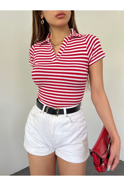 Kadın Polo Yaka Kısa Kollu Çizgili Kaşkorse Crop Bluz Kırmızı Beyaz S