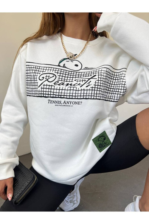 Kadın Bisiklet Yaka Üç İplik Şardonlu Oversize Snoopy Baskılı Sweatshirt Beyaz M