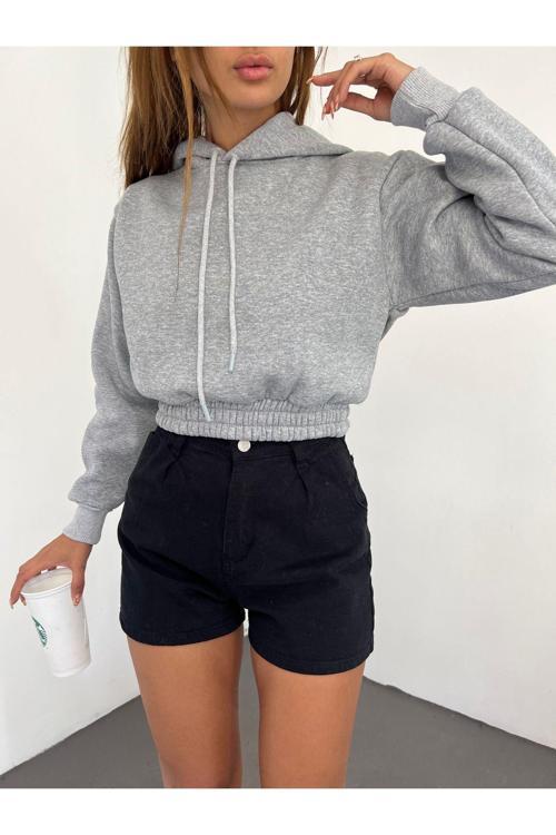 Kadın Kapüşonlu Uzun Kol Üç İplik Şardonlu Crop Sweatshirt Gri S