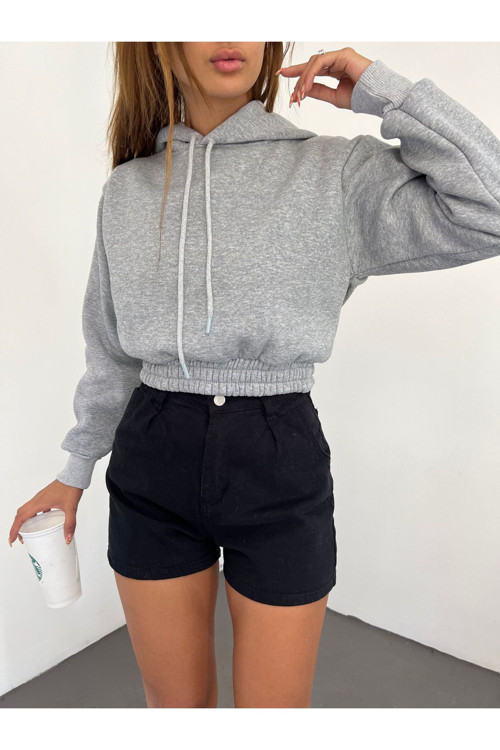 Kadın Kapüşonlu Uzun Kol Üç İplik Şardonlu Crop Sweatshirt Gri M