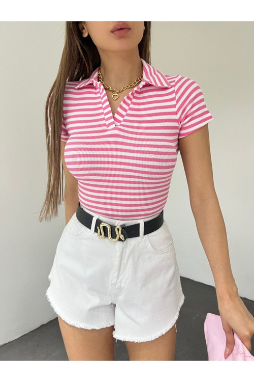 Kadın Polo Yaka Kısa Kollu Çizgili Kaşkorse Crop Bluz Pembe Beyaz S