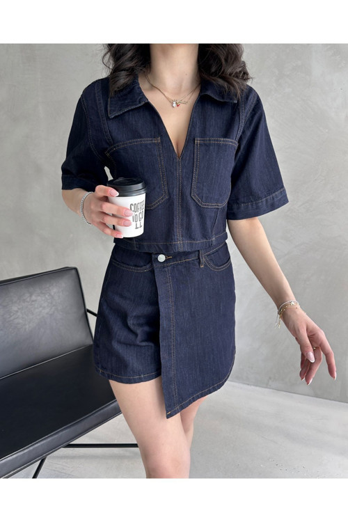 Kadın Kısa Kollu Polo Yaka Crop Bluz Ve Şort Etek Denim Alt-Üst Takım Lacivert S