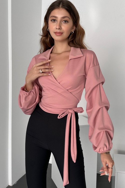 Kadın Beli Bağlamalı Kruvaze Yaka Uzun Kollu Crop Bluz Pudra XL