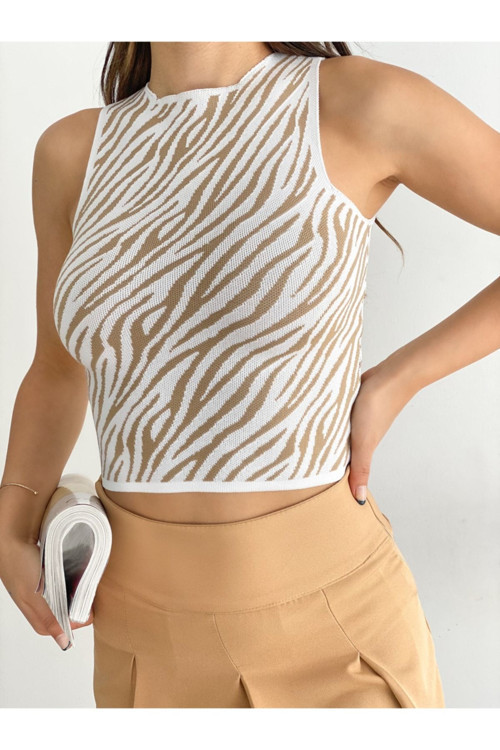 Kadın Zebra Desenli Bisiklet Yaka Kolsuz Crop Bluz Beyaz M