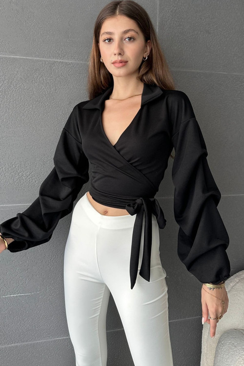 Kadın Beli Bağlamalı Kruvaze Yaka Uzun Kollu Crop Bluz Siyah M