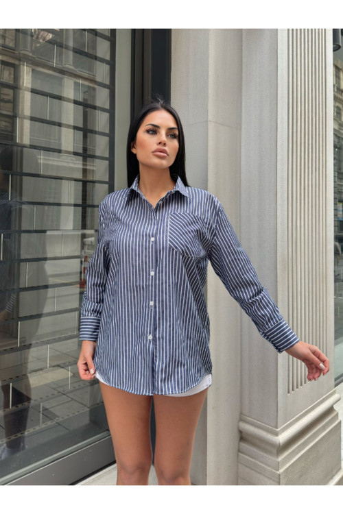 Kadın Tek Cepli Uzun Kollu Çizgili Poplin Gömlek Lacivert S