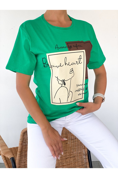 Oversize Baskılı Bisiklet Yaka T-Shirt Yeşil M
