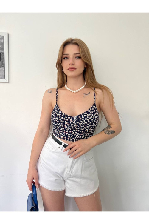 Kadın Askılı Çiçek Desenli Crop Top Bluz Lacivert S