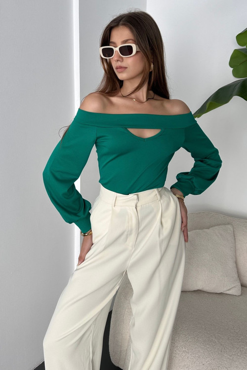 Kadın Kayık Yaka Uzun Kollu Cut Out Detaylı Bluz Yeşil S