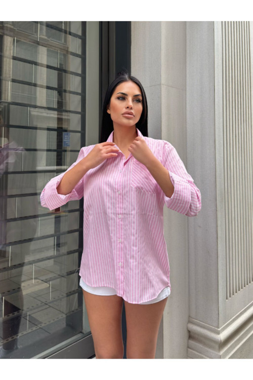 Kadın Tek Cepli Uzun Kollu Çizgili Poplin Gömlek Pembe M