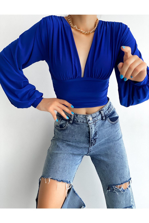 Kadın V Yaka Dekolteli Uzun Kollu Crop Sandy Bluz Saks Mavi M