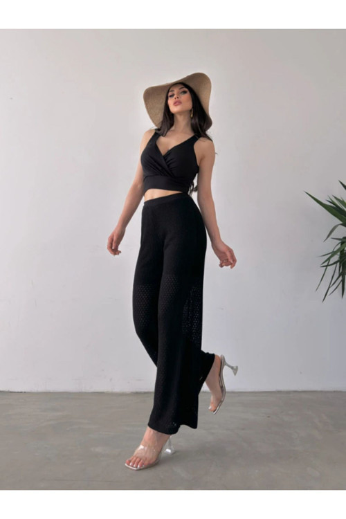 Kadın Kruvaze Yaka Kolsuz Crop Bluz Ve Pantolon Alt-Üst Takım Siyah L
