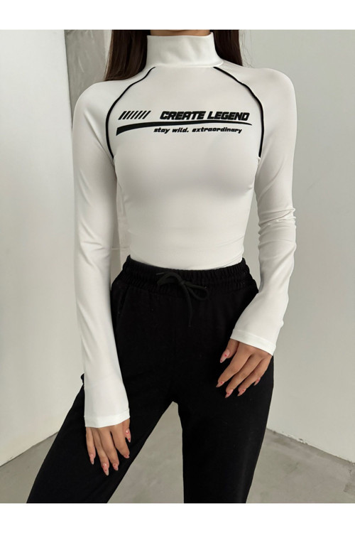 Kadın Dik Yaka Baskılı Biye Detaylı Uzun Kollu Çıtçıtlı Bodysuit Bluz Beyaz M