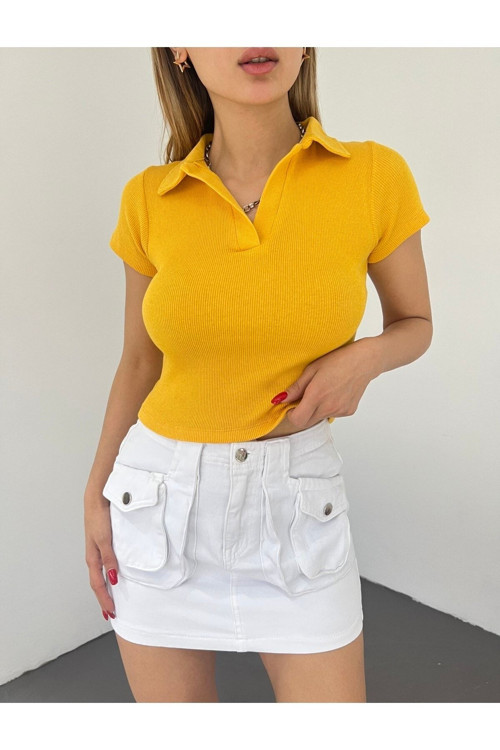 Kadın Polo Yaka Kısa Kollu Kaşkorse Crop Bluz Hardal S