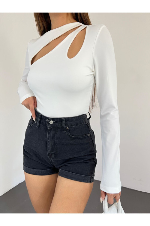 Kadın Bisiklet Yaka Damla Pencere Cut Out Detaylı Uzun Kollu Bluz Beyaz S
