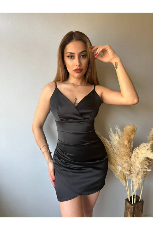 Kadın Kruvaze Yaka İnce Askılı Eteği Drapeli Mini Saten Elbise Siyah L