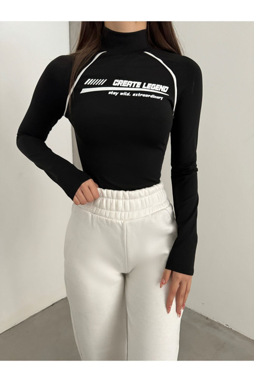 Kadın Dik Yaka Baskılı Biye Detaylı Uzun Kollu Çıtçıtlı Bodysuit Bluz Siyah M