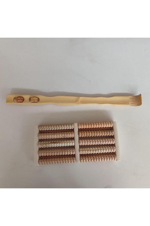 (2Li Set) Ahşap 10 Tekerlekli Ayak Altı Masaj Aleti Ve Ahşap Sırt Kaşıyıcı Set