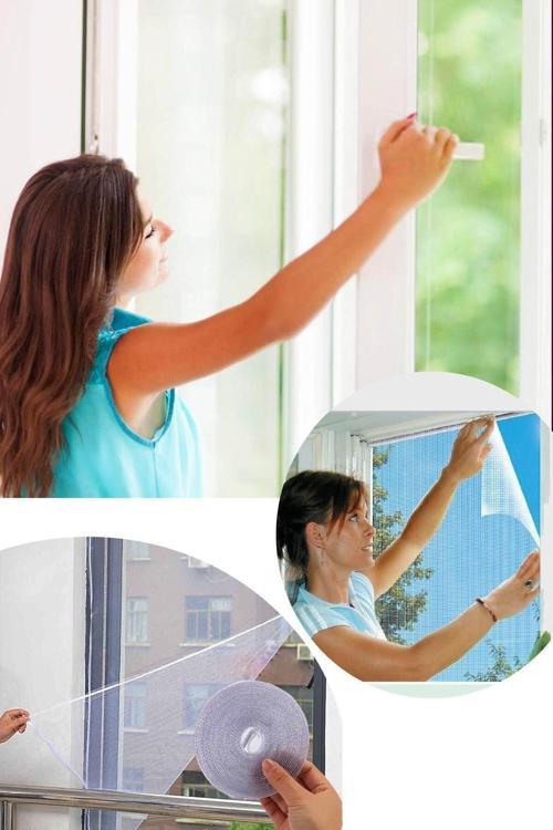 (3 Adet) 130X150 Cm Hazır Pencere Sinekliği 4 Mt Cırt Bantlı Tak Çıkar Tül Sineklik (3 Adet)
