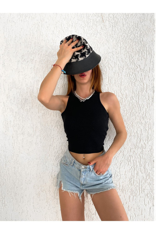 Kadın Halter Yaka Kolsuz Kaşkorse Örme Fitilli Crop Bluz Siyah XL
