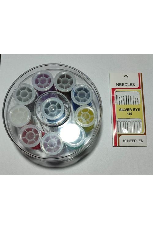 (2Li Set) Dikiş İpliği Ve Dikiş İğnesi , Mika Kutulu 10Adetli İplik Ve 10 Adetli İğne Seti