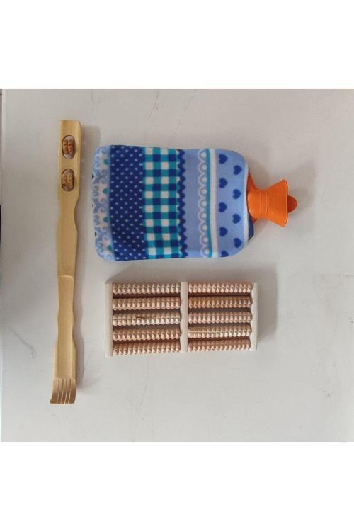 (3 Lü Set) 2 Litre Peluşlu Sıcak Su Torbası , Ahşap Ayak Altı Masaj Aleti , Sırt Kaşıma Aleti