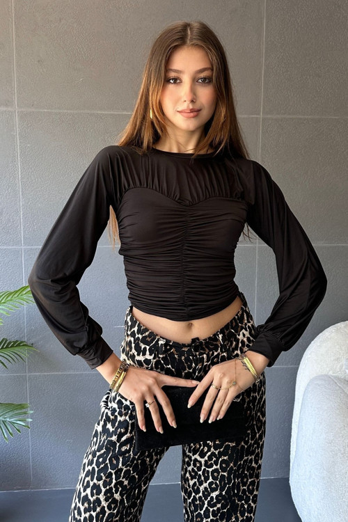 Kadın Bisiklet Yaka Drape Detaylı Uzun Kollu Bluz Siyah M