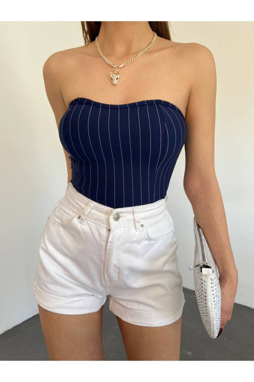 Kadın Straplez Çizgili Crop Top Bluz Lacivert 38