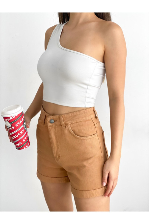 Kadın Yüksek Bel Mom Kalıp Denim Şort Camel 34