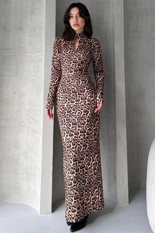 Kadın Dik Yaka Cut Out Detaylı Leopar Deseni Uzun Elbise Bej S