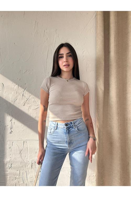 Kadın Bisiklet Yaka Kısa Kollu Kaşkorse Crop Bluz Bej L
