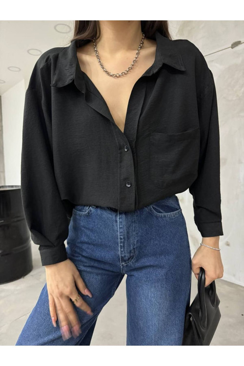 Kadın Uzun Kollu Oversize Yarasa Kol Basic Keten Gömlek Siyah M