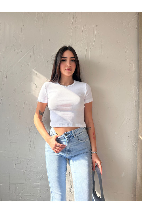 Kadın Bisiklet Yaka Kısa Kollu Kaşkorse Crop Bluz Beyaz M