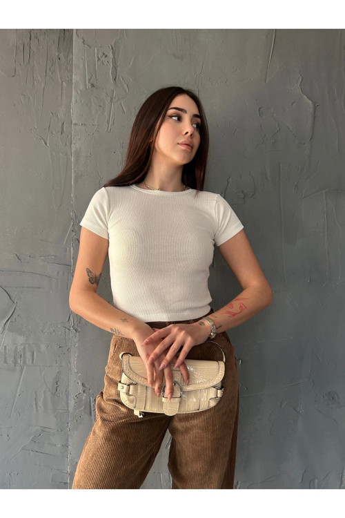 Kadın Bisiklet Yaka Kısa Kollu Kaşkorse Crop Bluz Ekru M