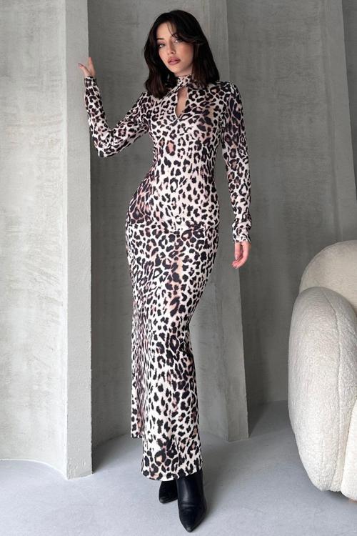 Kadın Dik Yaka Cut Out Detaylı Leopar Deseni Uzun Elbise Krem XL