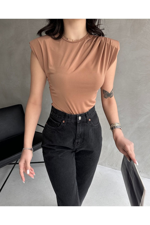Kadın Bisiklet Yaka Vatkalı Kolsuz Bluz Camel XL