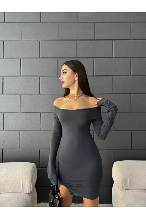 Kadın Kayık Yaka Yırtmaçlı Uzun Kollu Mini Elbise Füme S
