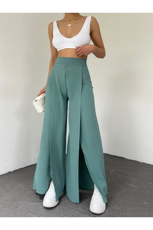 Kadın Yüksek Bel Yırtmaç Detaylı Aerobin Pantolon Su Yeşili S