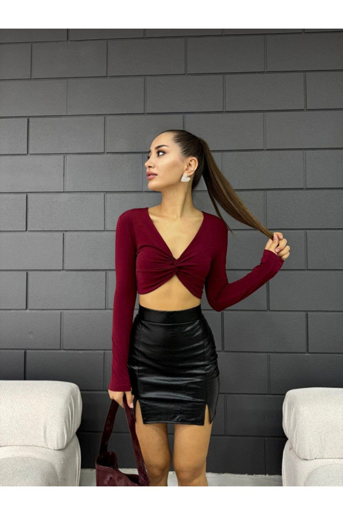 Kadın V Yaka Önü Drape Detaylı Uzun Kollu Süper Crop Bluz Bordo S
