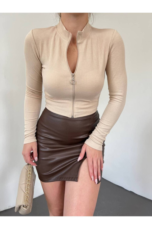 Kadın Dik Yaka Fermuarlı Uzun Kollu Crop Bluz Bej S