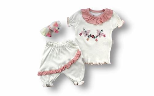 Çiçek Nakışlı Roman Şalvar Bandanalı Kısa Kollu Sweat 3lü Kız Bebek Takımı Pudra