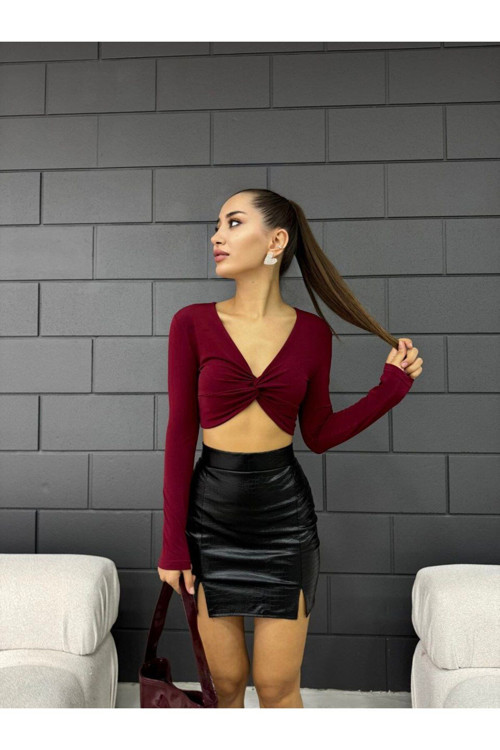 Kadın V Yaka Önü Drape Detaylı Uzun Kollu Süper Crop Bluz Bordo M