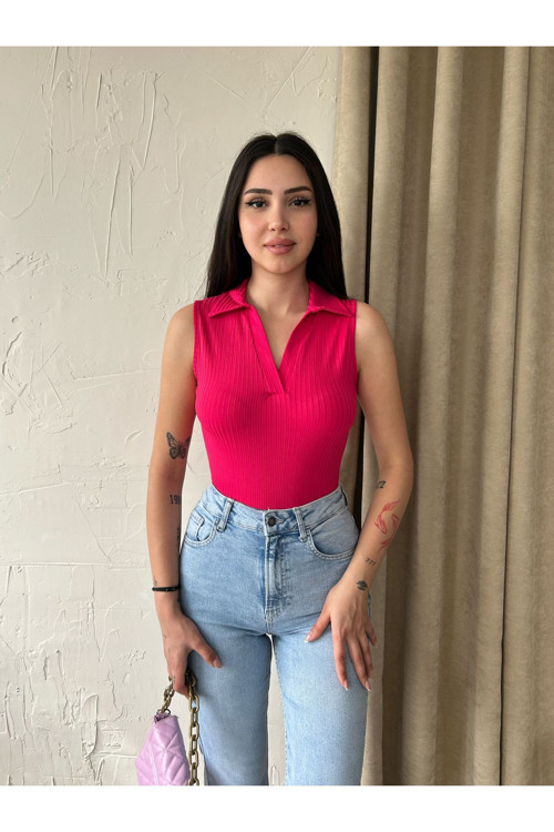 Kadın Polo Yaka Kolsuz Crop Bluz Fuşya S