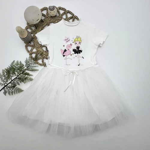 Flamingo Balerin Kız Baskılı Kurdela Kuşaklı Astarlı Kız Çocuk Tütü Elbise Beyaz