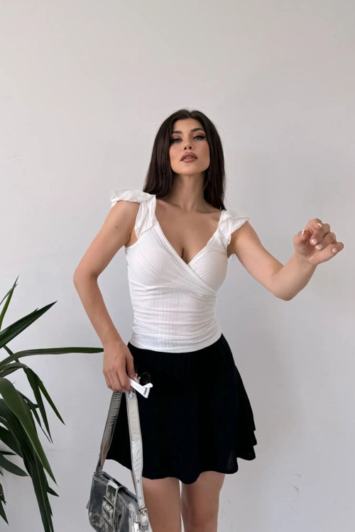 Kadın Kruvaze Yaka Omuzları Volanlı Bluz Beyaz XL
