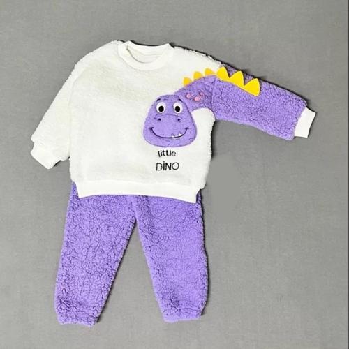 1-2-3 Yaş Minik Dino Kollu Kuzu Kumaş Sweat Pantolon Uzun Kollu Kız Erkek 2 Li Takımı
