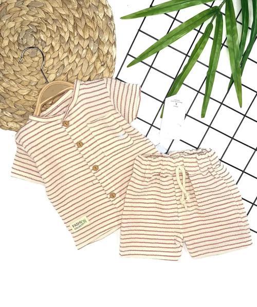 9-12-18-24 Ay Düğme Detaylı Çizgili Müslin Kumaş Yazlık 2li Erkek Bebek Takımı