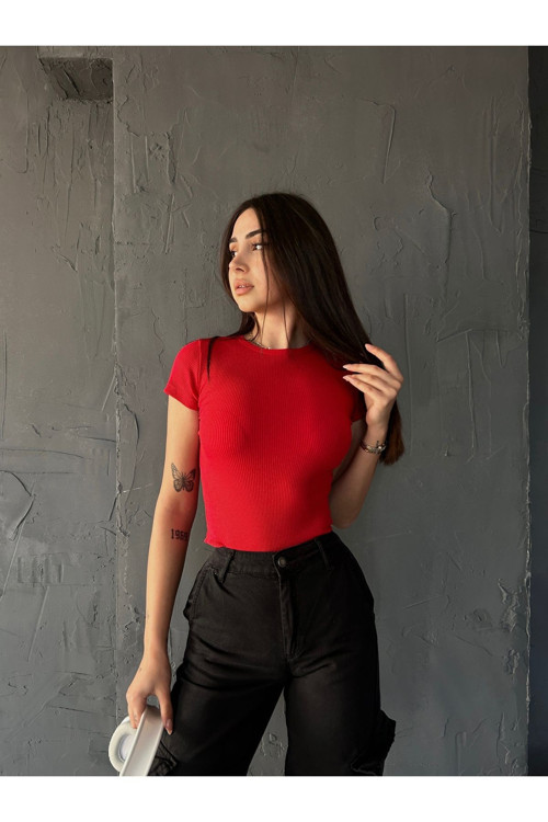 Kadın Bisiklet Yaka Kısa Kollu Kaşkorse Crop Bluz Kırmızı L
