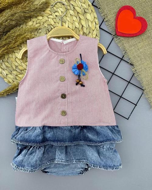 Gül Rozet Detaylı Kot Kilotlu Etek Kız Bebek Elbisesi